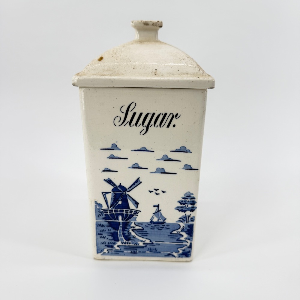 G.M.T. Co. Inc. Vintage Windmill Sugar Canister w/ Lid Blue White Germany